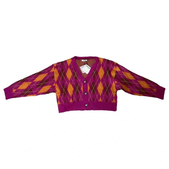 Daydreamer - Fuschia Sunset Argyle Cardigan slouchy cropped NWT - Picture 5 of 9